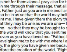 Nov. 18: ‘. . . That they may be one as we are one —  I in them and you in me. . . .’