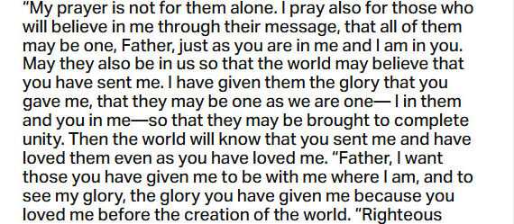 Nov. 18: ‘. . . That they may be one as we are one —  I in them and you in me. . . .’