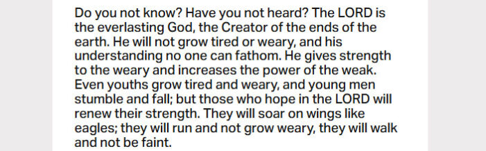 March 31: ‘Those who hope in the Lord will renew their strength;  They will soar on wings like eagles’