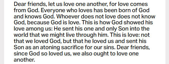 May 12: ‘Since God so loved us, we also ought to love one another’