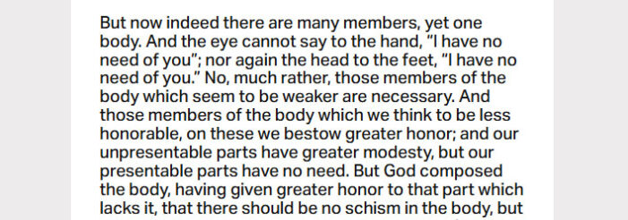 September 14: ‘God has put the body together and has given special honor to the parts that lack it’ September 14: ‘God has put the body together and has given special honor to the parts that lack it’